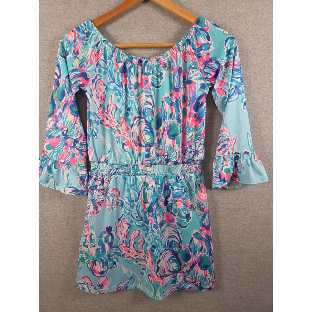 Lilly Pulitzer Girls L Off Shoulder Sundress Romper Skirt‎ Blue Pink Bell Sleeve